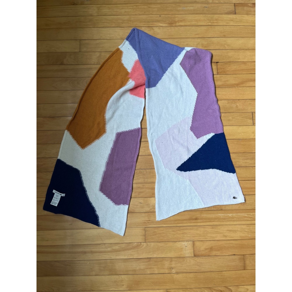Lacoste Wool Blend Geometric Colorblock Knit Oversized Scarf Multicolor Logo